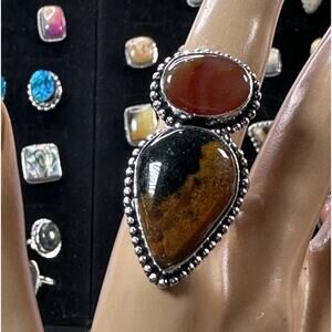 💕 Large Jasper and carnelian double gemstone‎ silver plated ring  size 9